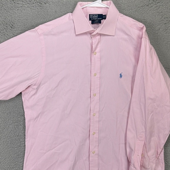 Polo Ralph Lauren Regent Men Dress Shirt 17.5 34-35 Pink Stripe Pony Classic Fit